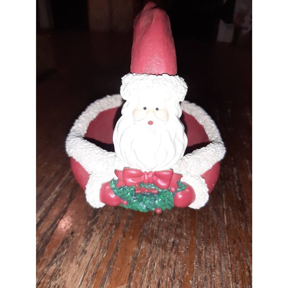 Vintage Dept 56 Santa Wreath Handled  Bowl Candy Treat Dish Christmas Holiday